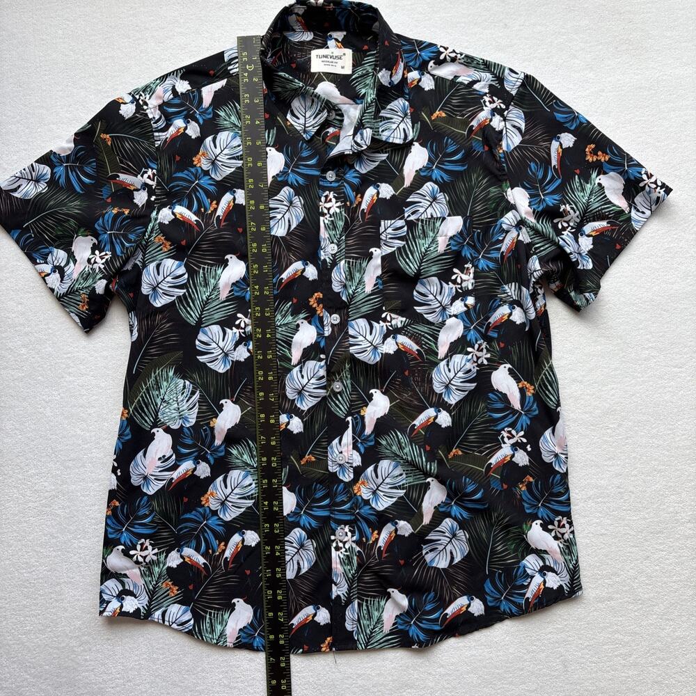 Tunevuse Tropical Bird Print Button Down Shirt Mens Size Medium Black Floral - Picture 10 of 12
